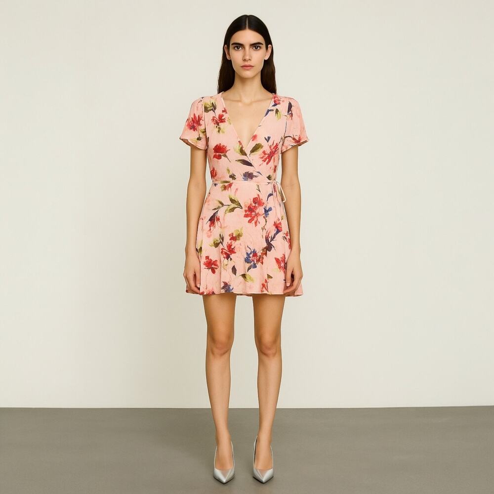 Lulus Cherished Love Pink Floral Short Sleeve Mini Fit & Flare Wrap Dress Size M